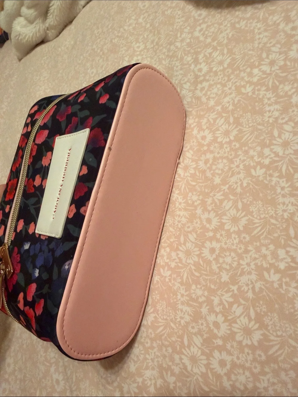 Carolina Herrera Navy Floral Cosmetic Travel Case with Pink Trim